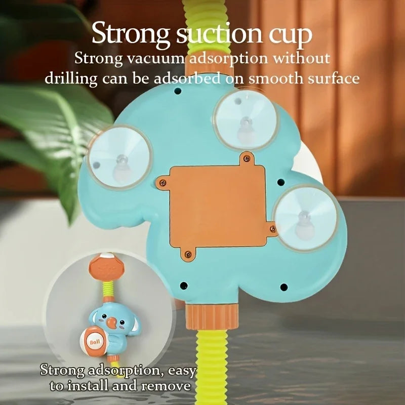 Back of the turquoise bath shower toy showing three suction cups and an orange panel