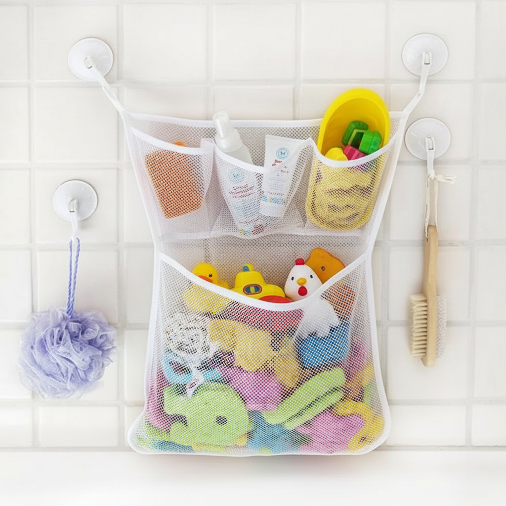 Bath storage net holding toys and toiletries, with a bath puff and brush hanging beside it