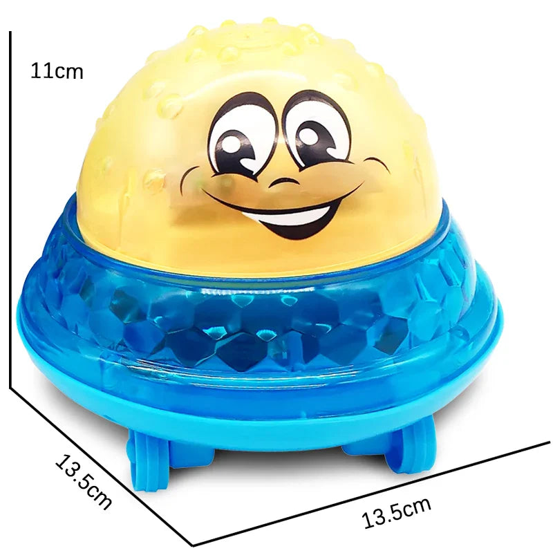 Yellow bath toy with blue base measuring 11 cm high and 13.5 cm wide and deep