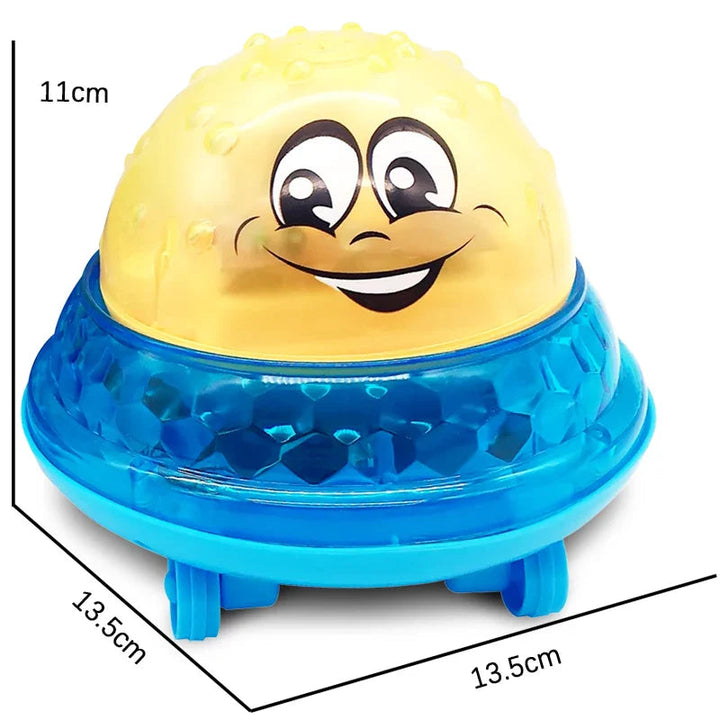Yellow bath toy with blue base measuring 11 cm high and 13.5 cm wide and deep