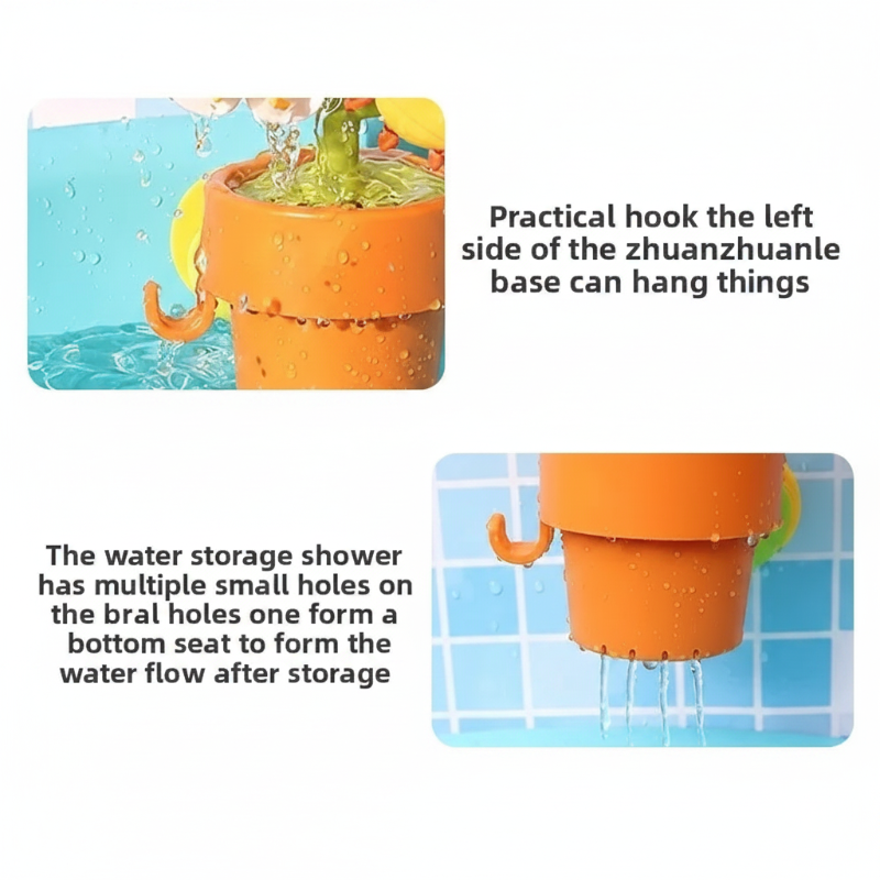 Orange bath toy bucket showing its side hook and small drainage holes