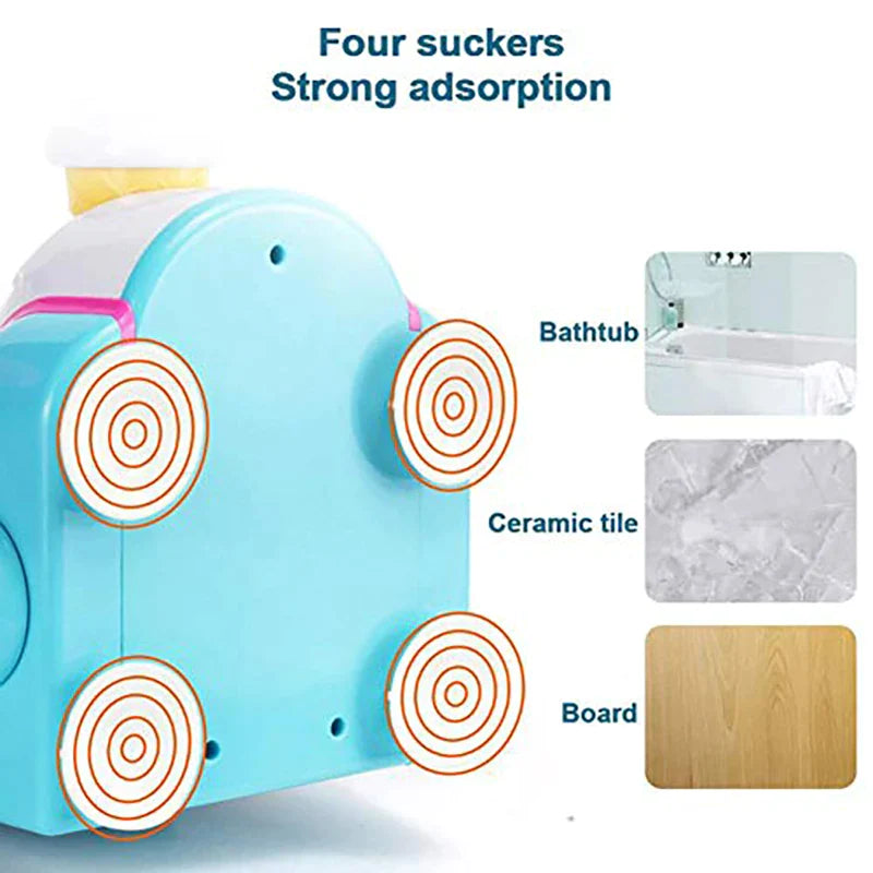 Four suction cups on the back of the bath toy beside bathtub, tile and wood surface examples