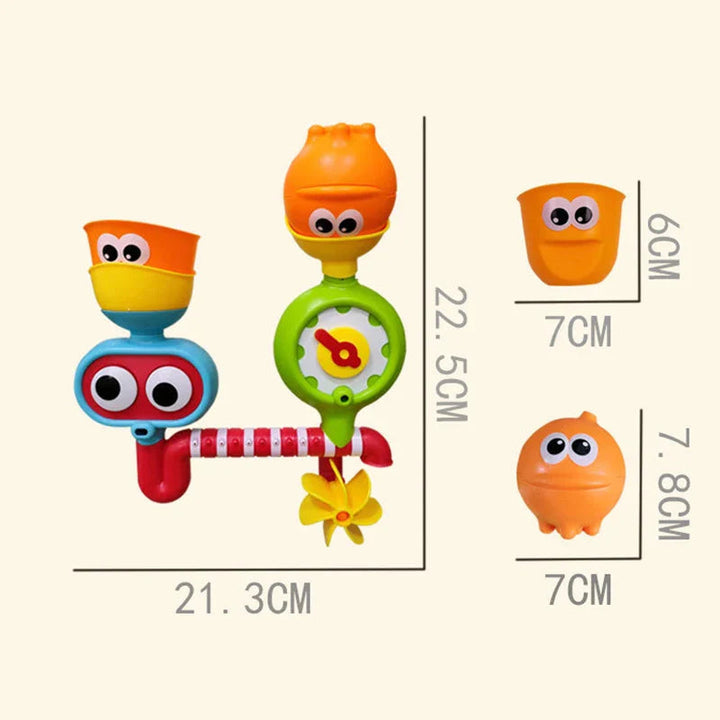 Measurement chart showing the bath toy, orange pouring cup, and rounded orange accessory