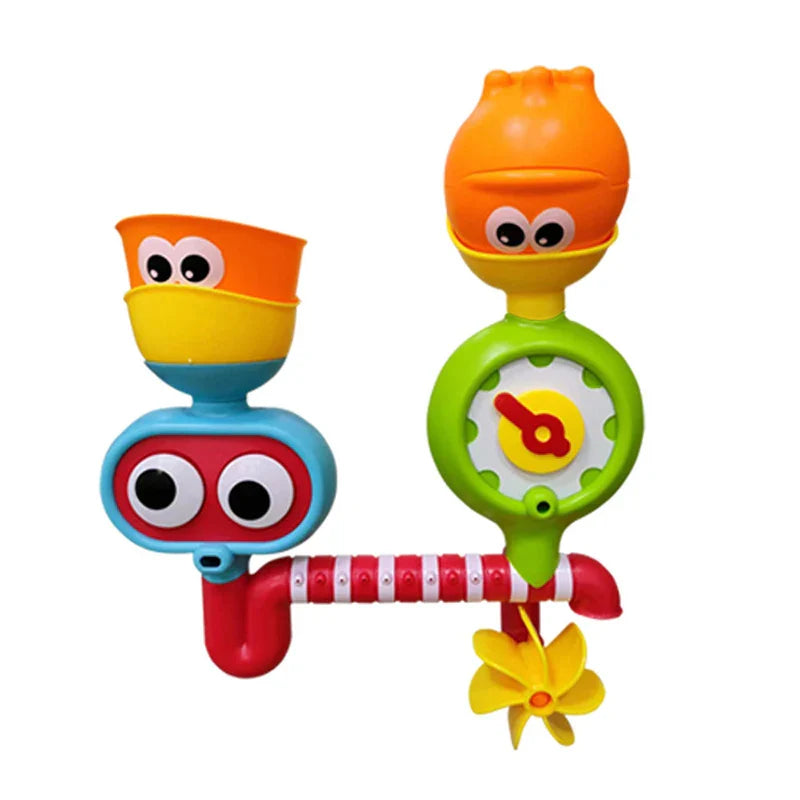 Front view of the bath toy with a green dial, red water pipe, and yellow waterwheel