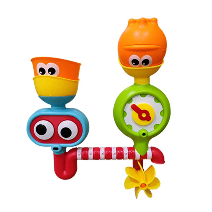 Front view of the bath toy with a green dial, red water pipe, and yellow waterwheel