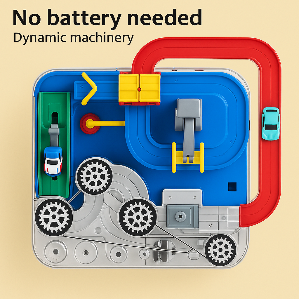 Overhead diagram of the battery-free car track showing its mechanical gears
