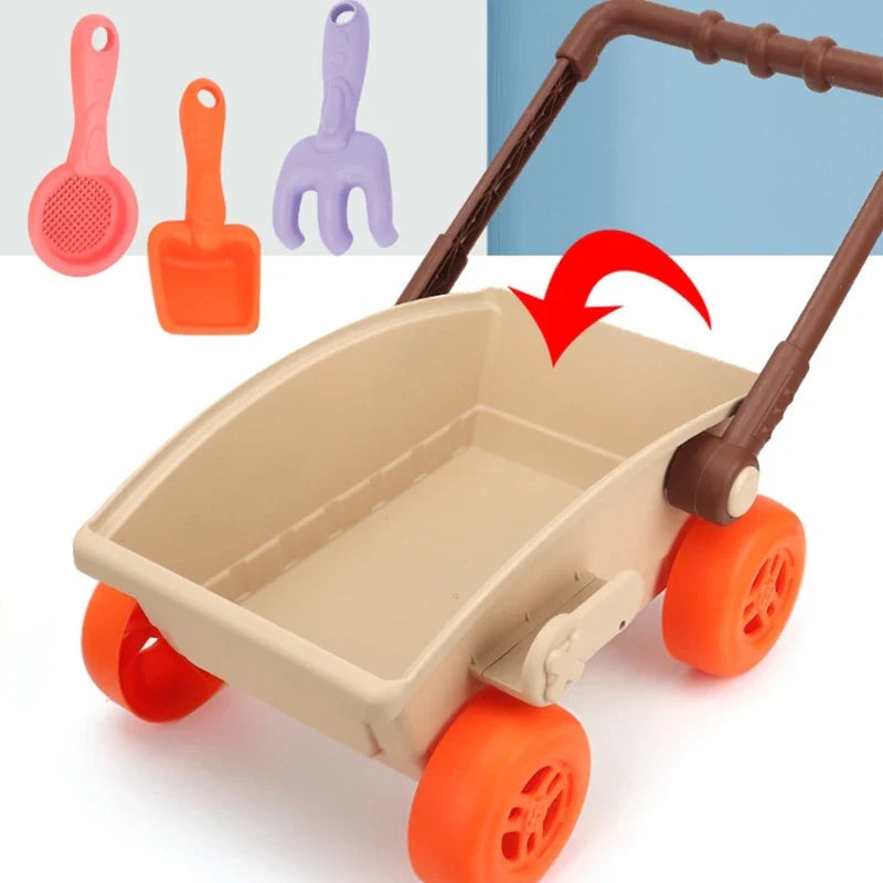 Beach wagon with a handle-position arrow and an inset showing a sieve, shovel and rake