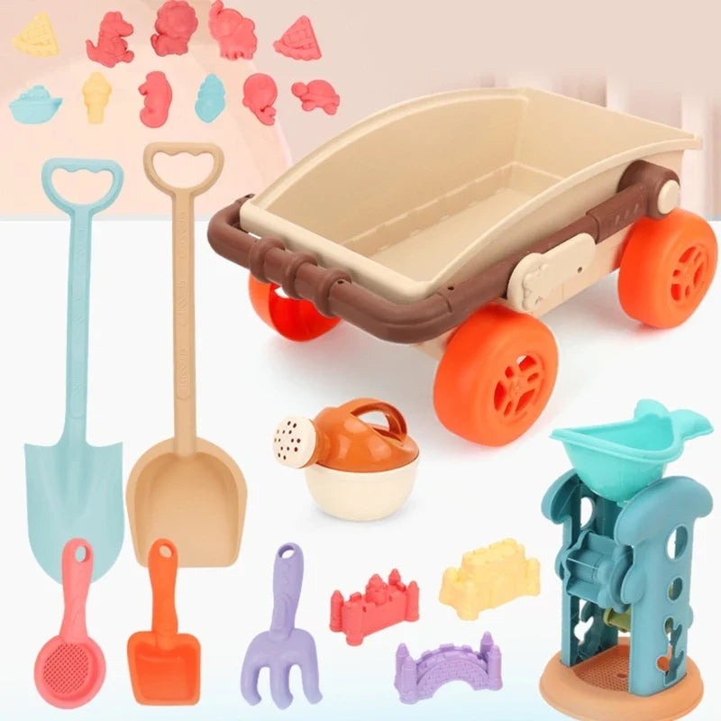 Beach wagon and colorful sand tools displayed with castle and sea-life molds