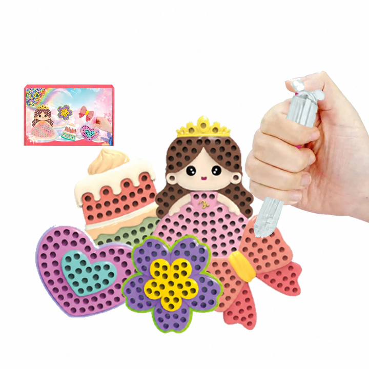 Bead art kit with princess, cake, heart, flower and butterfly patterns and a bead pen