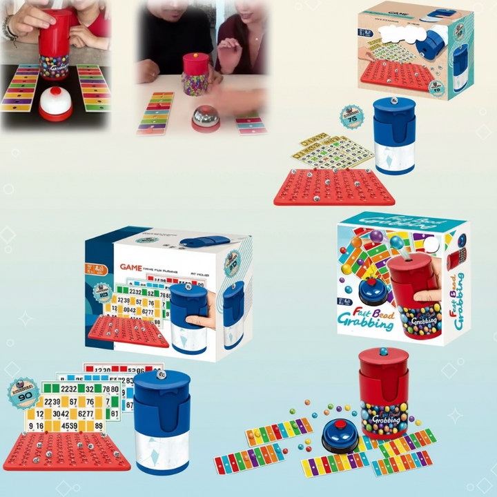 Color-matching and number-bingo game options with dispensers, cards, bells, and boxes