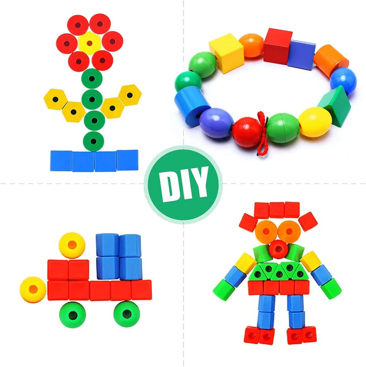 Beads arranged as a flower, bracelet, train, and figure