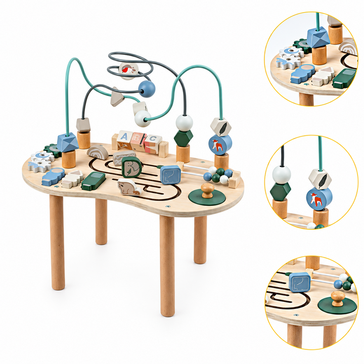Wooden activity table with detail insets of stacking shapes, maze beads, and tabletop activities