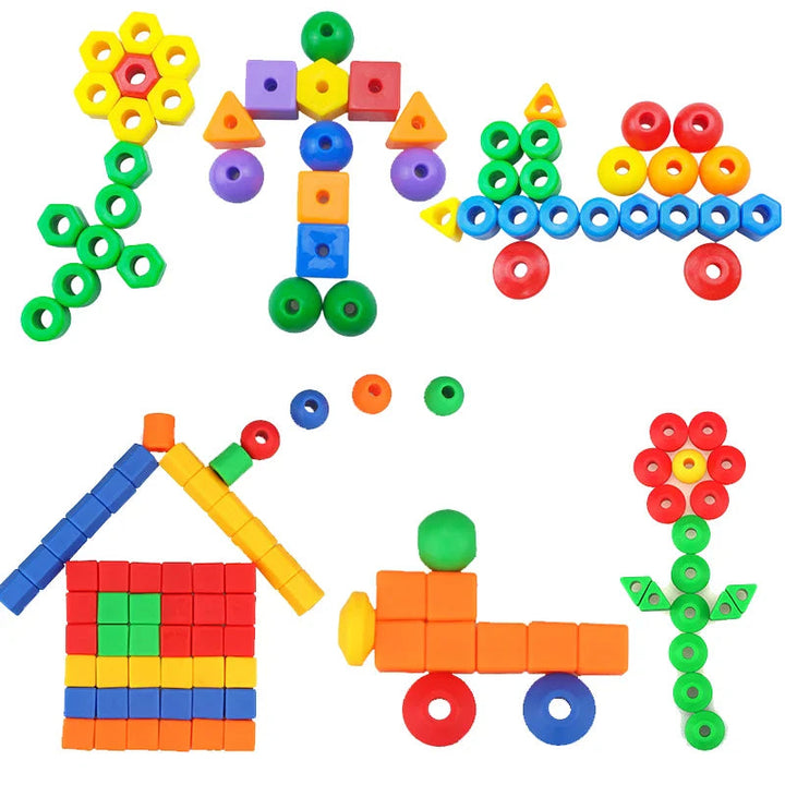 Colorful beads arranged into flowers, a figure, a house, and vehicles