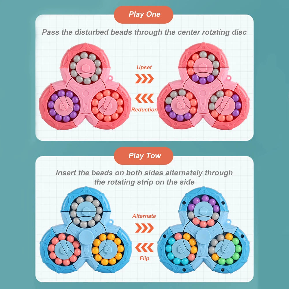 Diagrams show beads moving between tracks and matching colors on pink and blue puzzles