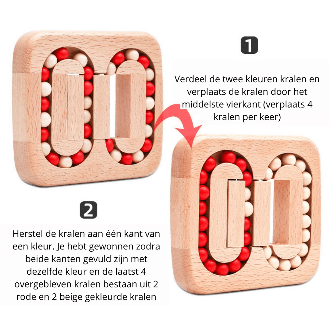 Two-step guide to moving beads through the center and sorting the wooden puzzle by color.