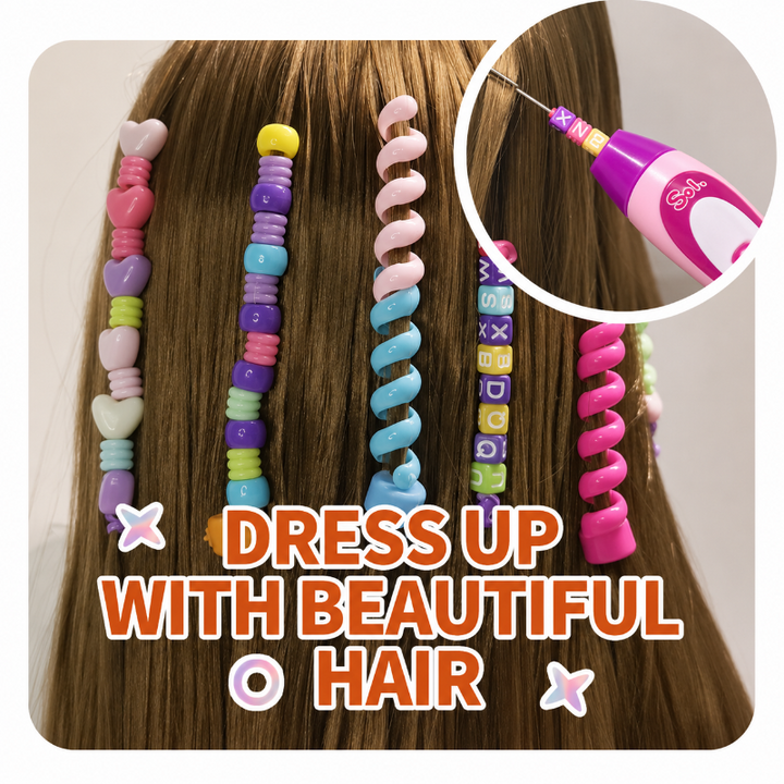Hair decorated with colorful beads and spiral accents beside a close-up of the pink styling tool