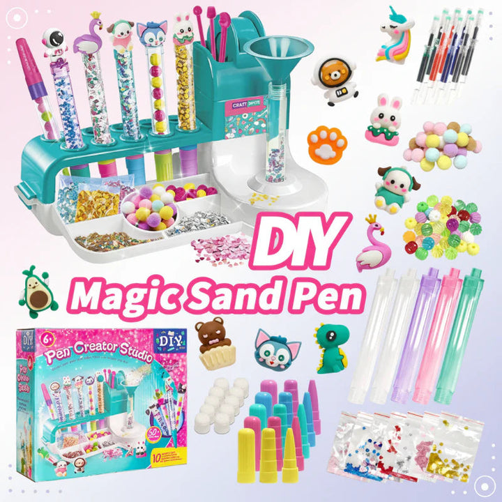 Pen-making kit with a funnel station, clear barrels, colorful beads, character toppers, and accessories