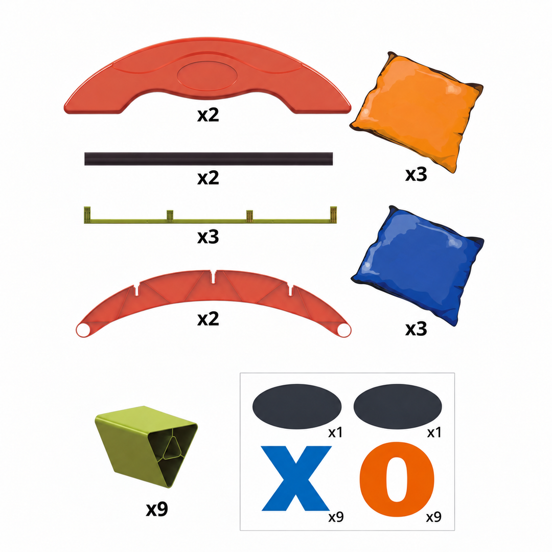 Tic-tac-toe game components, including frame parts, nine blocks, six beanbags, and stickers
