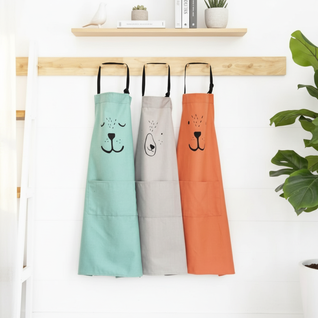 Green, gray, and red bear aprons hanging from a wooden wall rail