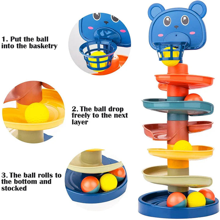 Step-by-step view of a ball dropping through the bear basket and rolling down the tracks into the base