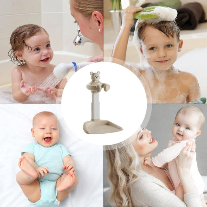 Bathing and baby-care collage surrounding a beige bear-themed bath stand