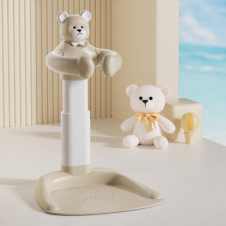 Beige bear-themed bath stand with a wide drainage platform and white adjustable center column