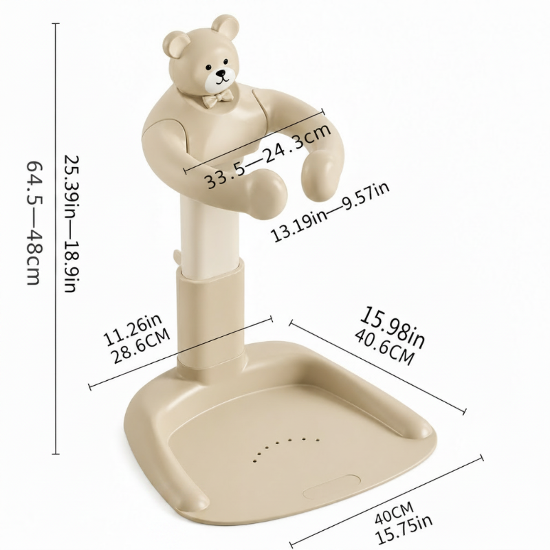 Bath stand measurement diagram showing adjustable height, ring measurements, and base dimensions
