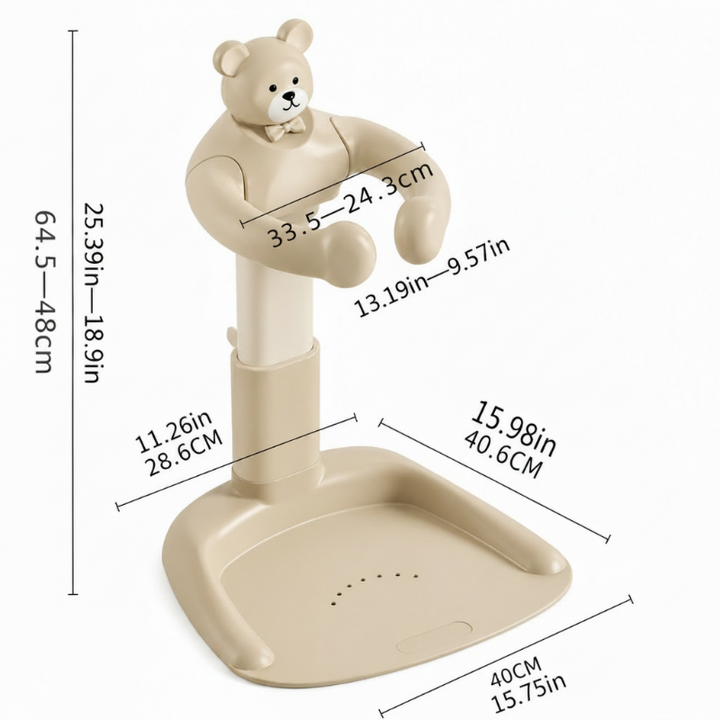 Bath stand measurement diagram showing adjustable height, ring measurements, and base dimensions