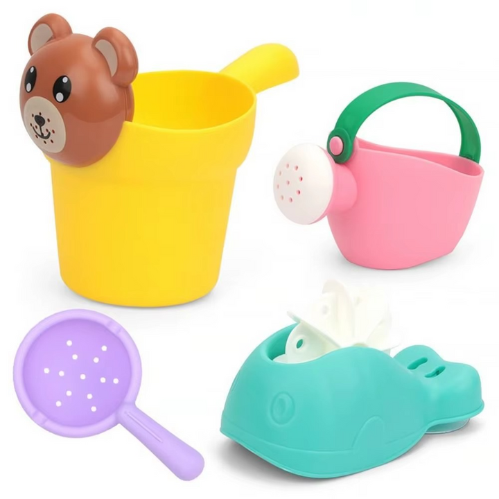 Bear bath toy set with yellow bucket, pink watering can, purple sifter, and turquoise water wheel