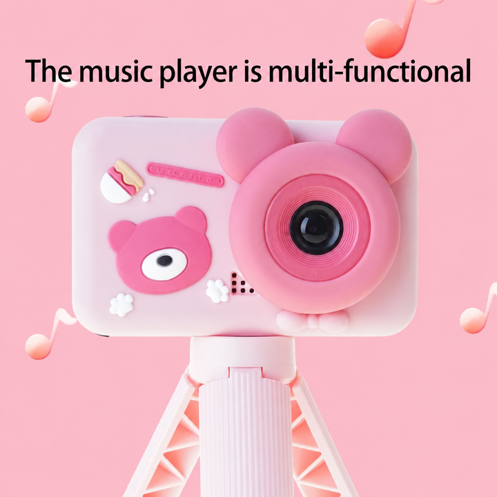 Pink bear camera on its stand in a graphic highlighting music playback
