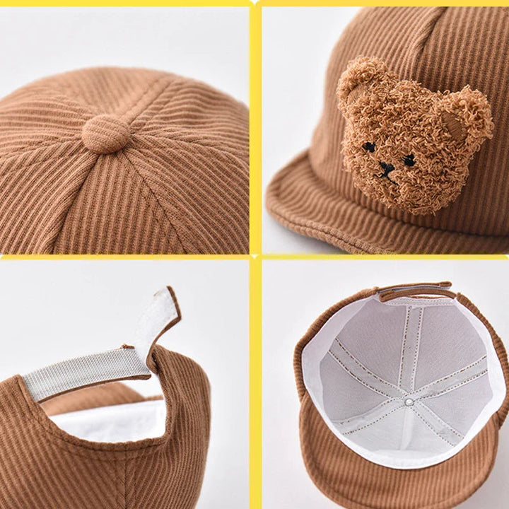 Close-ups of the corduroy crown, bear patch, adjustable back strap, and cap interior