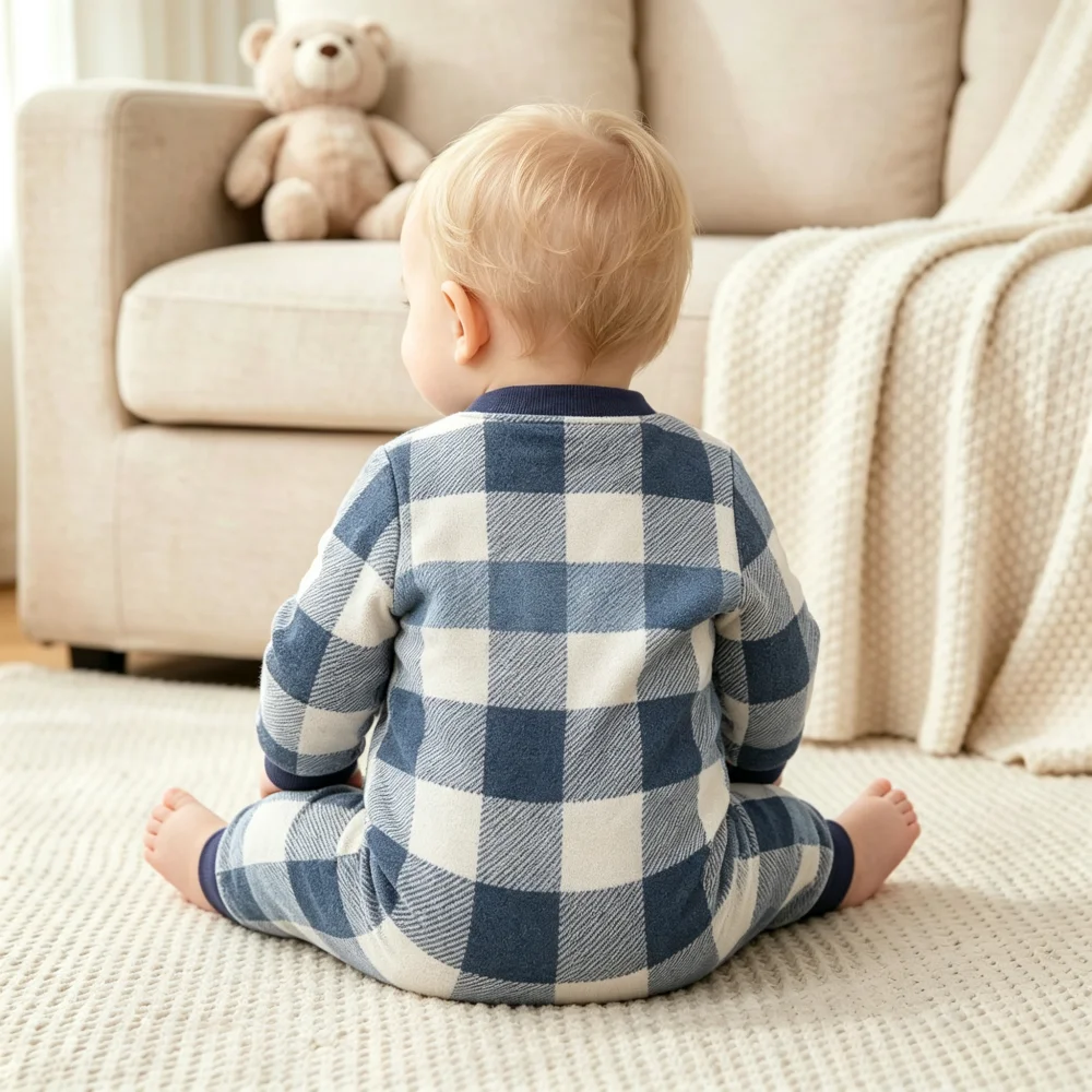 Back view of a seated baby wearing a blue and white check fleece jumpsuit