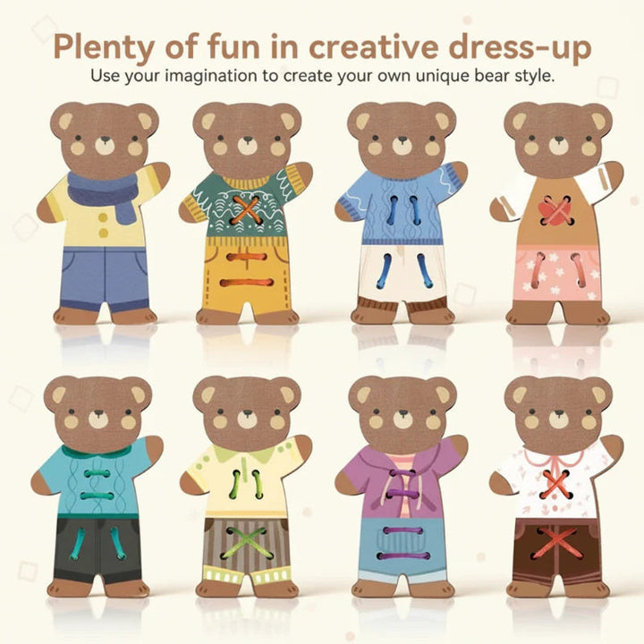 Wooden bears shown in eight different outfit combinations using colorful clothing pieces.