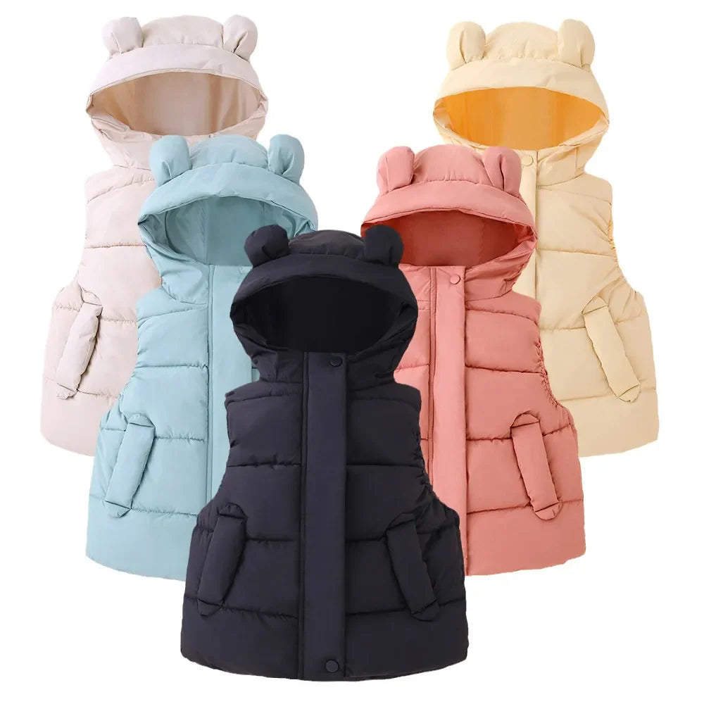 Five bear-ear hooded vests in black, coral, beige, green and light yellow