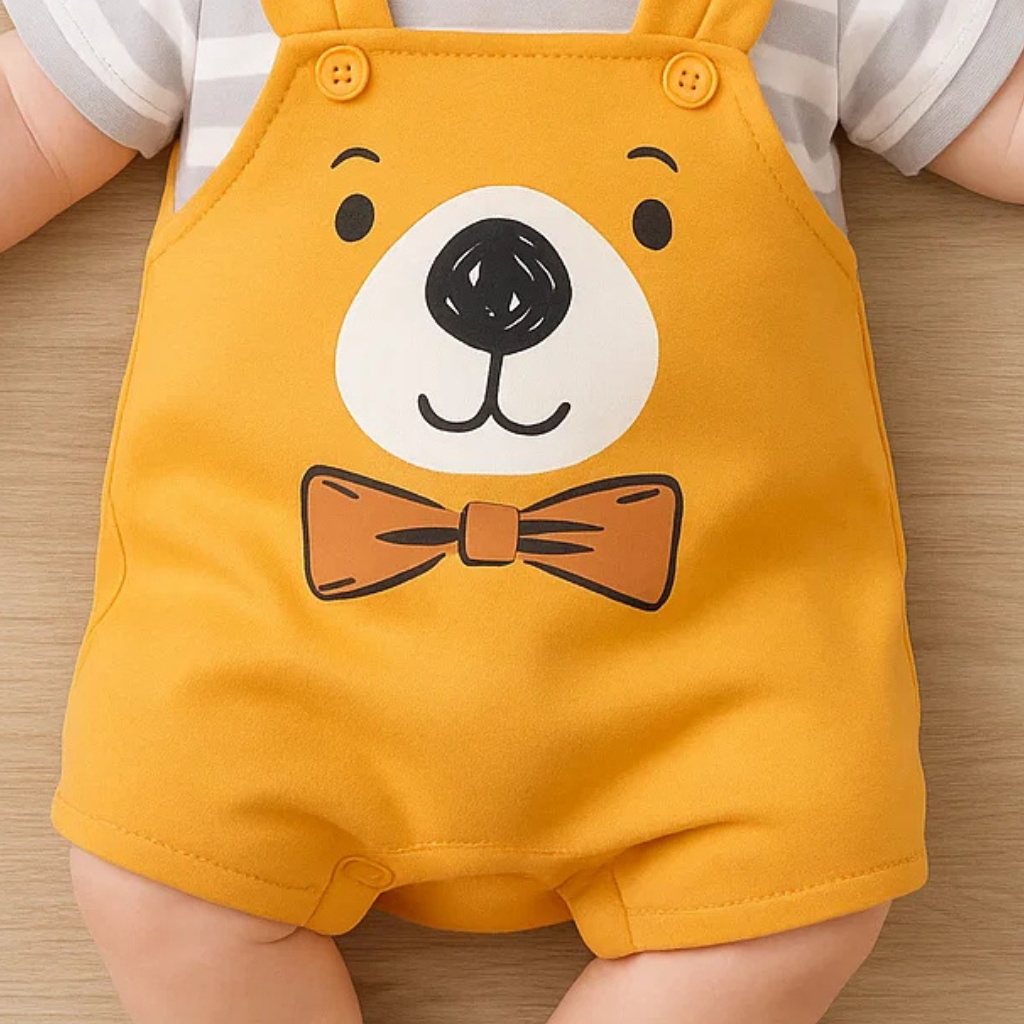 Yellow bear-face romper front with a printed bow tie and short legs