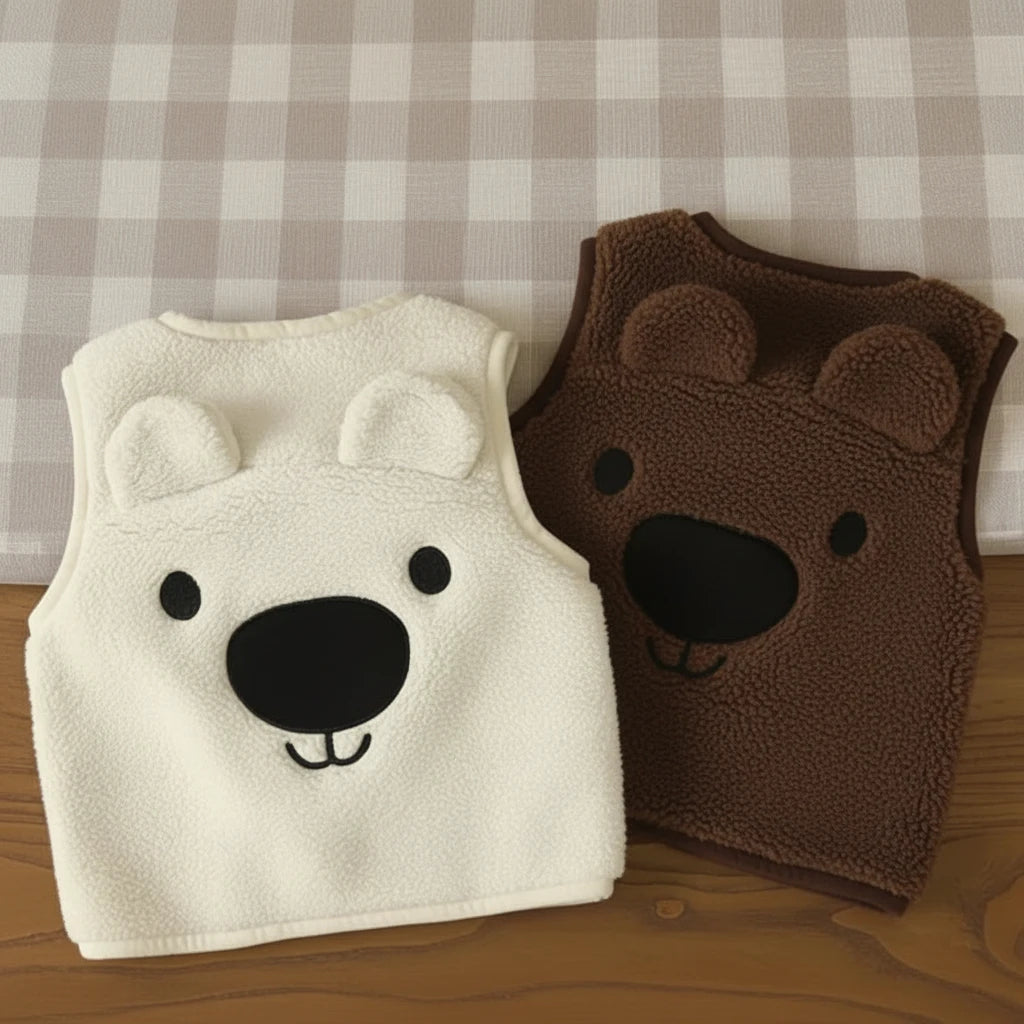 White and brown bear fleece vests with their bear-face backs facing up on a gingham surface.