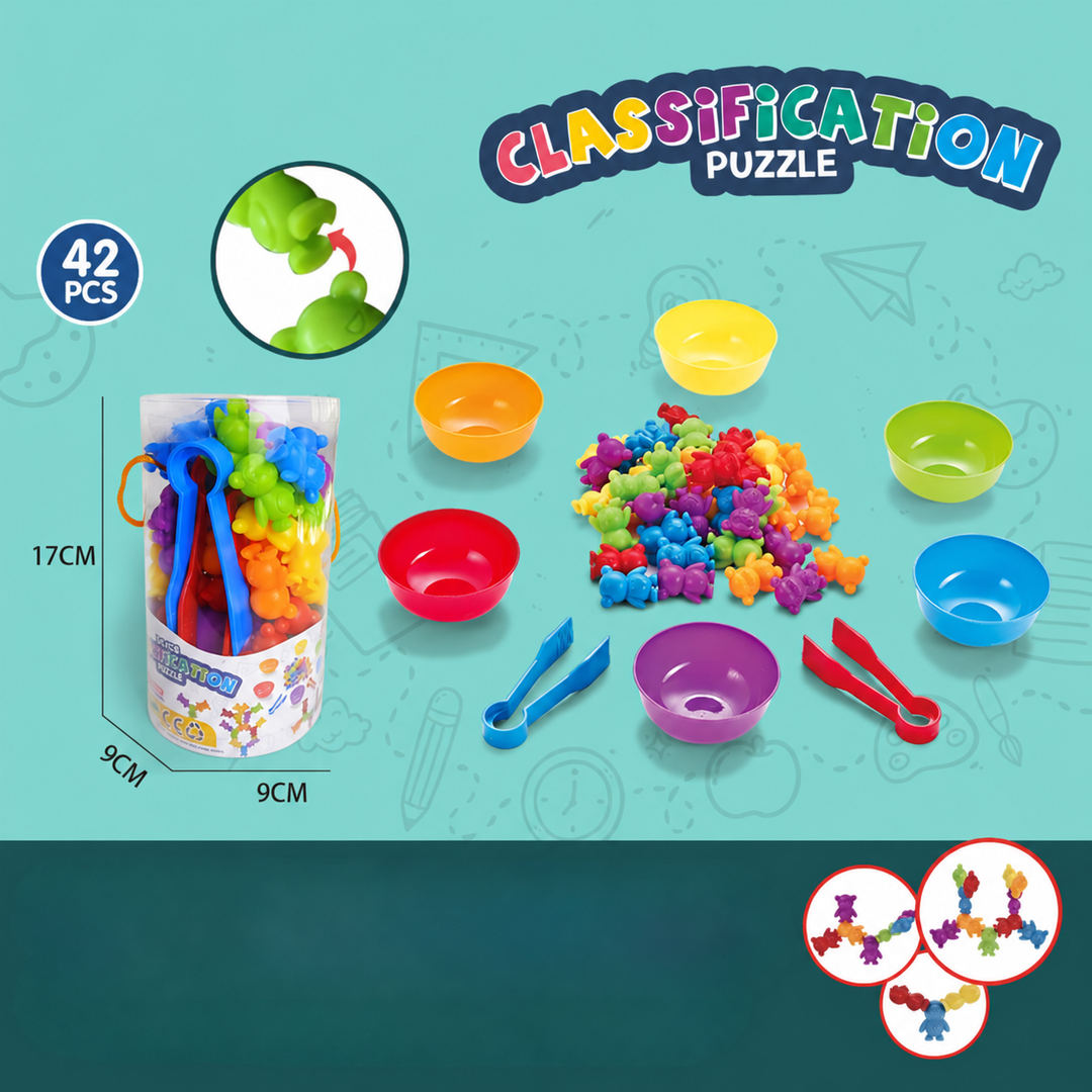 Bear-shaped sorting figures with six colored bowls, two tongs, and a storage tube