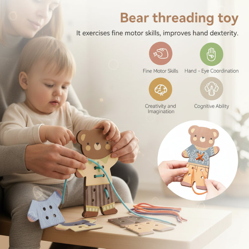 An adult guides a child lacing the bear toy, with a close-up of the cord and clothing holes.
