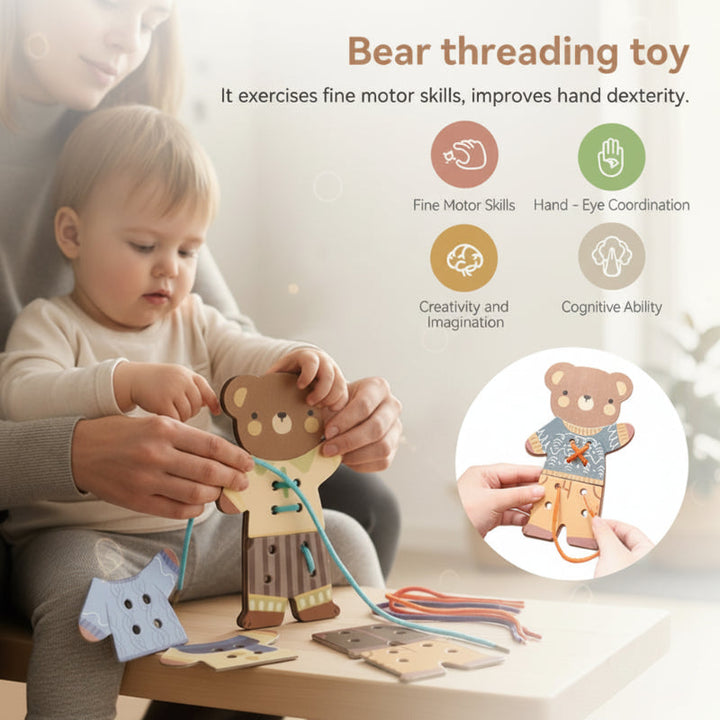 An adult guides a child lacing the bear toy, with a close-up of the cord and clothing holes.