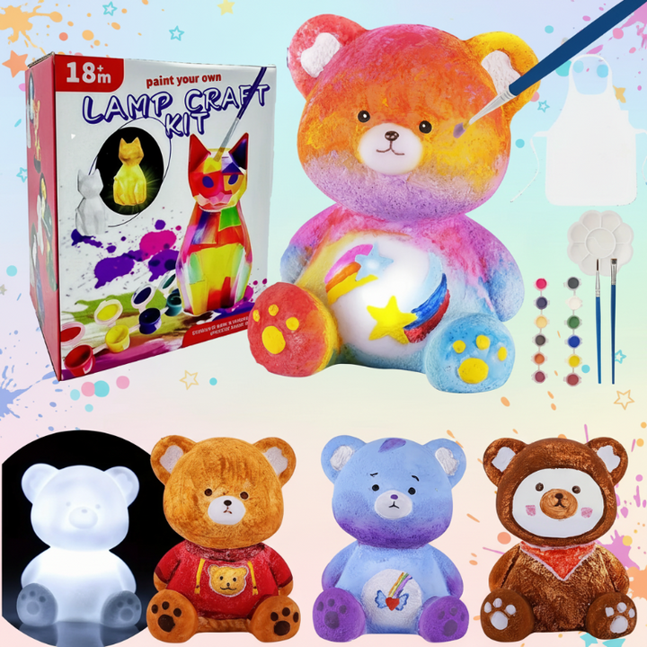 Rainbow-painted bear lamp with a moon and star belly design, plus paints and other bear color ideas.