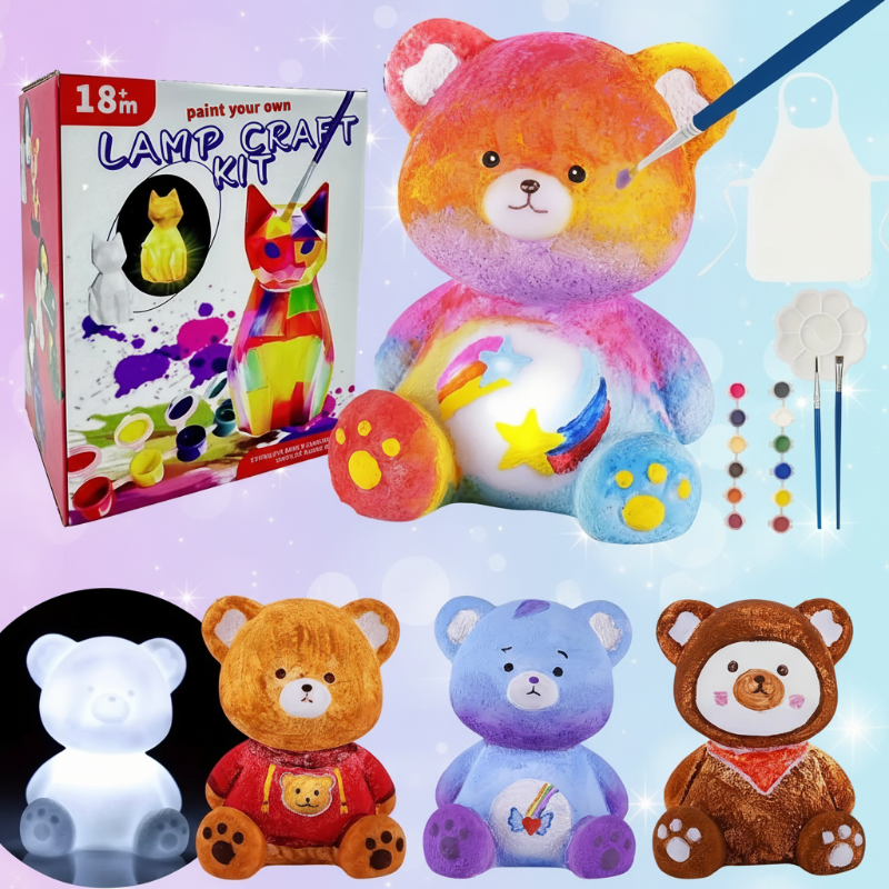 Bear-shaped lamp in rainbow colors with paint pots, brushes, an apron, and finished design examples.