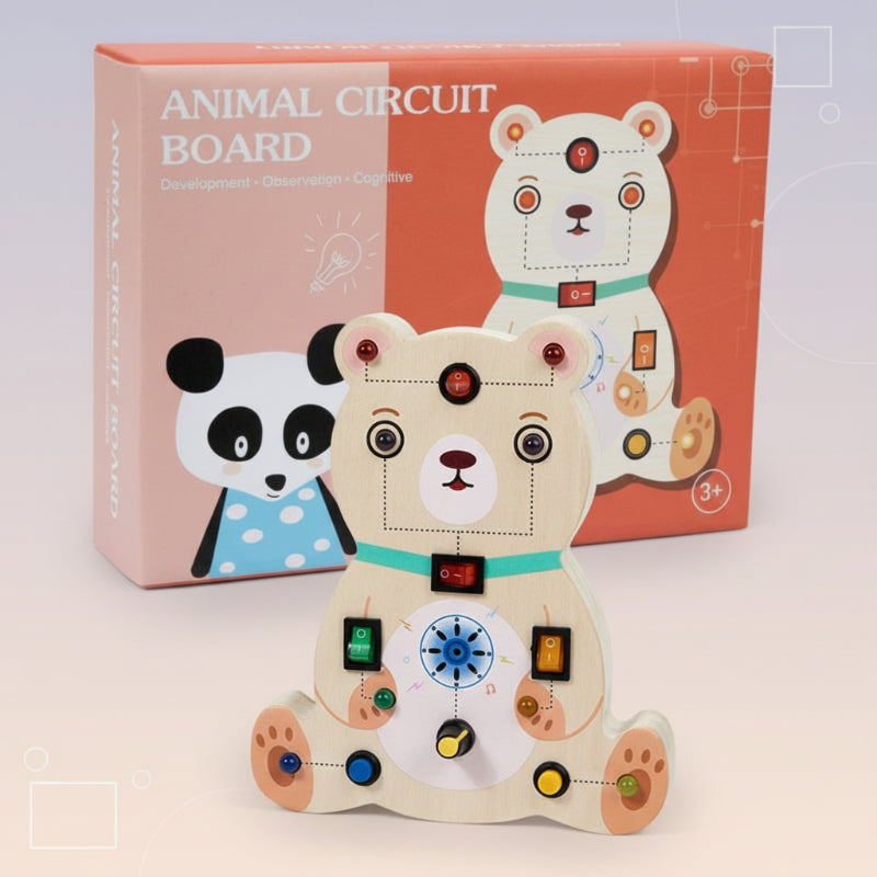 Bear-shaped LED activity board displayed with its illustrated box