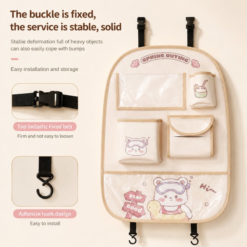 Bear organizer with close-ups of the buckle strap and bottom hooks