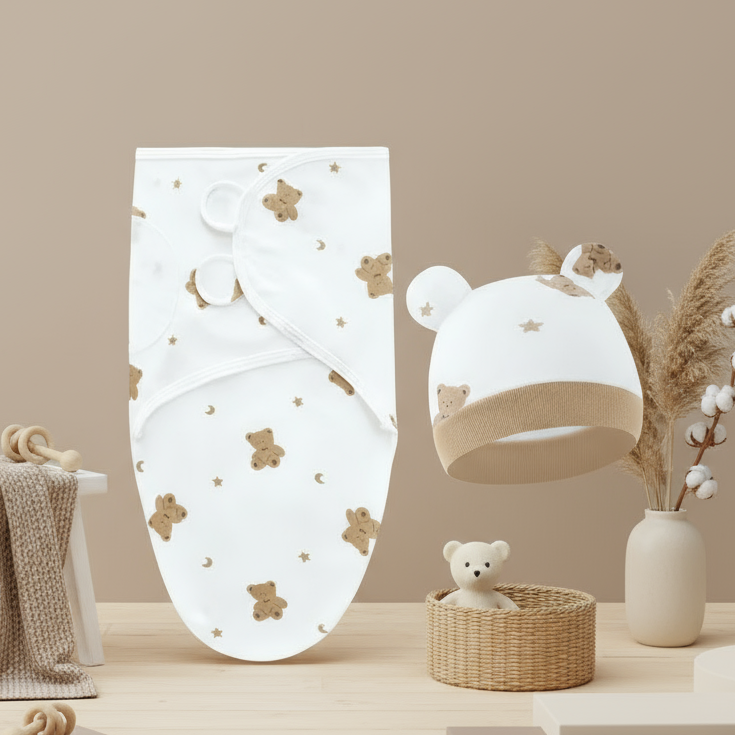 White baby wrap with brown bear motifs and a matching rounded-ear hat.