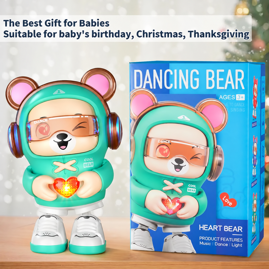 Green dancing bear robot beside its retail box marked ages 3+