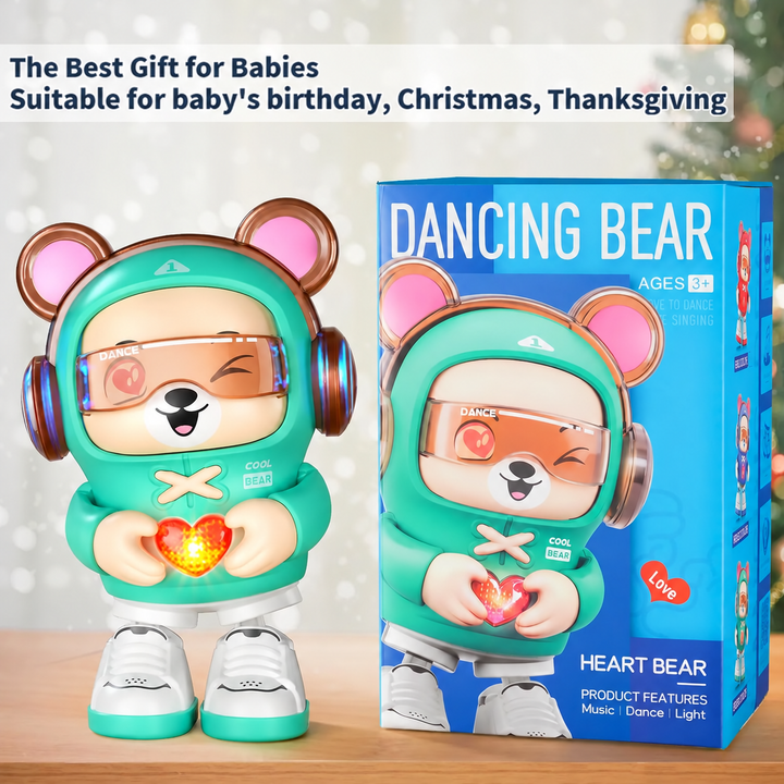 Green dancing bear robot beside its retail box marked ages 3+