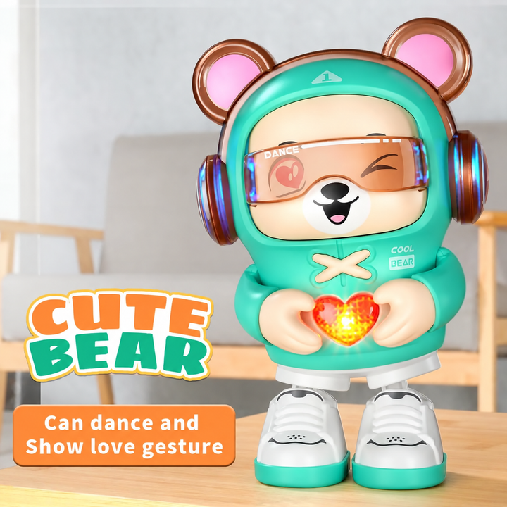 Green bear robot on a table with hands around its glowing heart and text describing dancing and a heart gesture