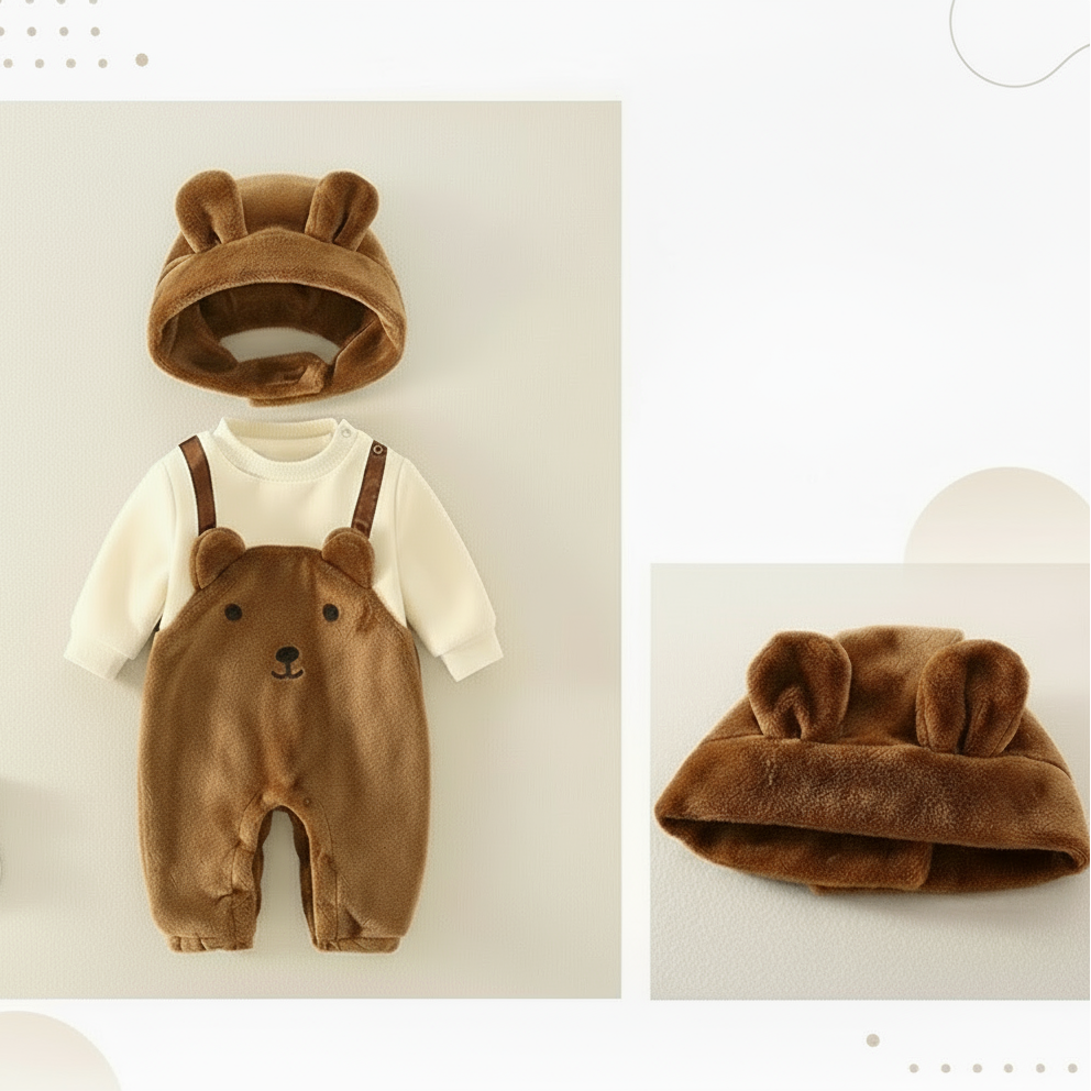 Bear-face baby romper on a hanger with two views of the matching bear-ear hat