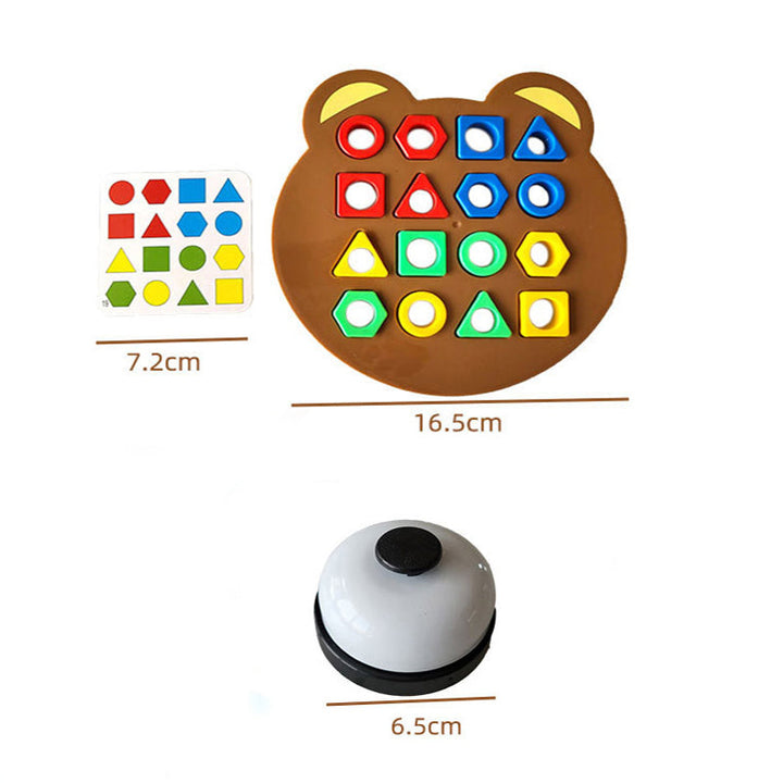 Size guide showing a 16.5 cm bear puzzle, 7.2 cm pattern card, and 6.5 cm tabletop bell