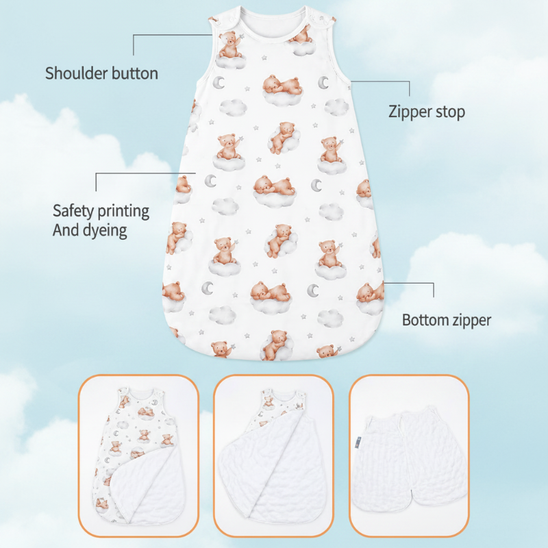 Bear-print sleep sack diagram showing shoulder snaps, zipper stop, and bottom zipper